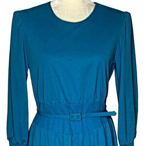 Vintage 80s Knit Dress 10 Petite Turquoise Belt Ribbed Waist Zipper Long Sleeves